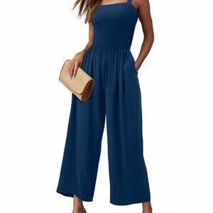 Chic Navy Blue Jumpsuit with Square Neckline and Wide-Leg Design